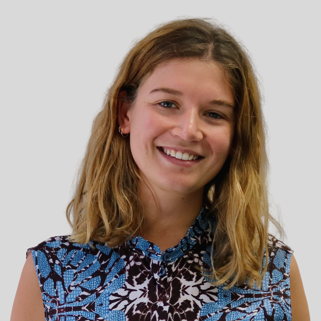 Alana Morgante wearing a blue shirt with a flower pattern
