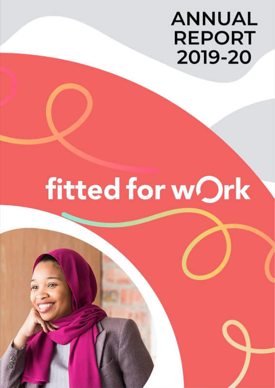 Fitted for Work Annual Report 2019-20. A smiling woman wearing a purple headscarf in front of some decorative colourful lines..