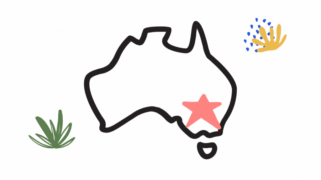 Decorative drawn image of an outline of Australia with a star positioned over the state of Victoria