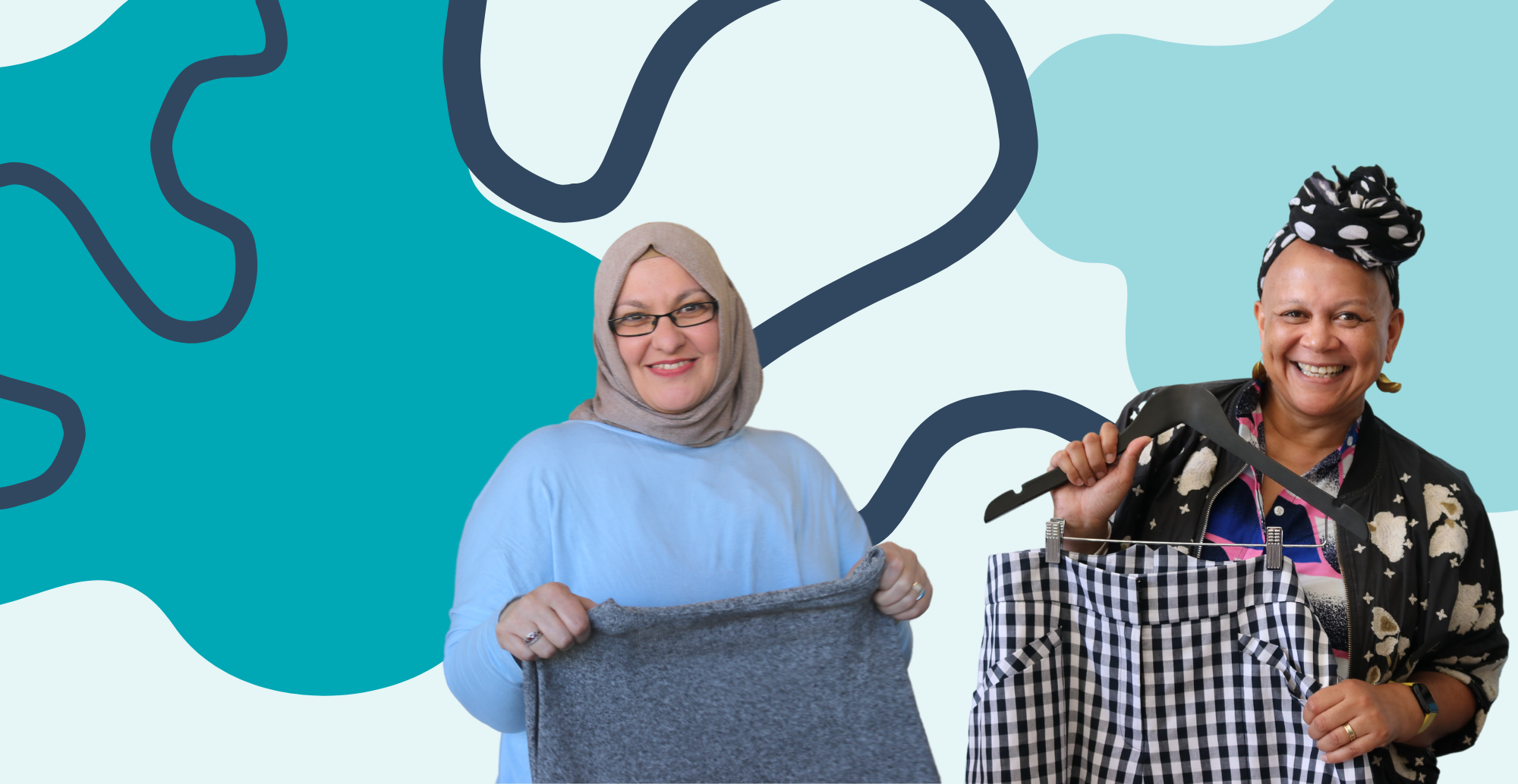 Two diverse women hold up clothing items in front of a decorative teal background